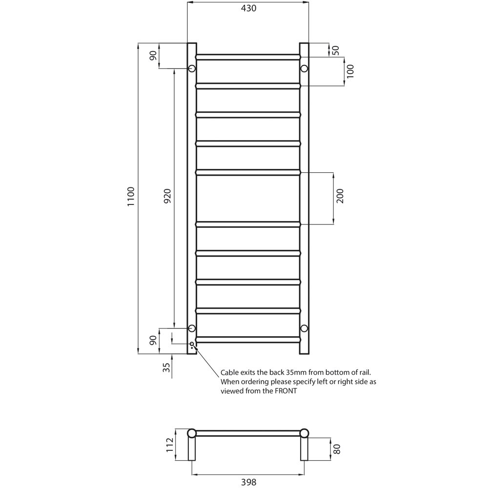 10 BAR HEATED TOWEL RAIL BRUSHED GOLD 430X1100 - Image 2