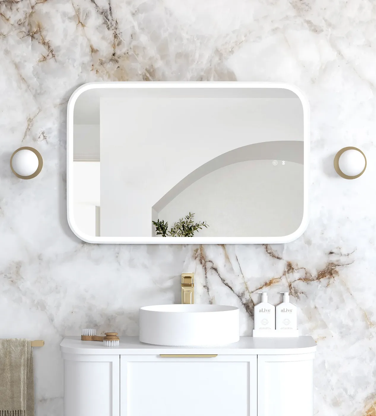 LED Newport 900(H)x600(W) White Metal Frame Tuffi Mirror- Install Horizontal or Vertical